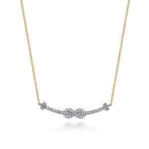 Gabriel & Co. NK8154M45JJ 14 karat white and yellow gold Bujukan necklace, front view of the pave bar with the looped figure eight knot and bead collars