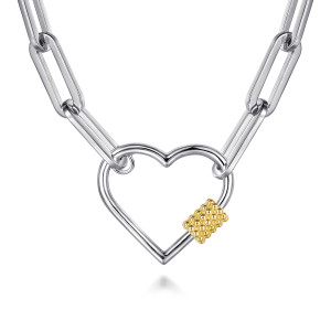 Gabriel & Co. NK8157-17MZJJJ sterling silver and 14 karat yellow gold Bujukan necklace, front view of the open heart with its bead covered barrel between paperclip links