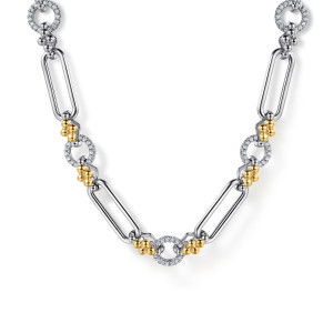 Gabriel & Co. NK8159-17MZJWS sterling silver and 14 karat yellow gold Bujukan necklace, front view of pave set rings framed by warm toned bead clusters