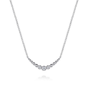Gabriel & Co. NK8161SVJWS sterling silver Bujukan necklace, front view of the curved line of graduated metal beads with stones at its middle