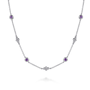 Gabriel & Co. NK8168SVJAM sterling silver Color necklace, front view of purple bezel stones alternating with tight bead clusters