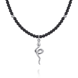 Gabriel & Co. NK8177SVJBS sterling silver Color necklace, front view of the looping snake charm and the glossy black bead strand