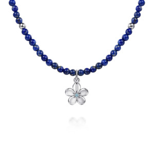 Gabriel & Co. NK8178LPSVJMC sterling silver Color necklace, front view of the five petaled flower charm and the deep blue beads around it