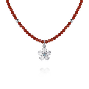 Gabriel & Co. NK8178RESVJMC sterling silver Color necklace, close detail of the five petal flower, its pale blue stone and the red beads