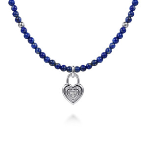 Gabriel & Co. NK8179LPSVJMC sterling silver Color necklace, front view of blue stone beads and a heart lock charm with stepped outlines and small stones