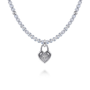 Gabriel & Co. NK8179MSSVJMC sterling silver Color necklace, close detail of the stepped ridged heart charm with its tiny stones and padlock style loop