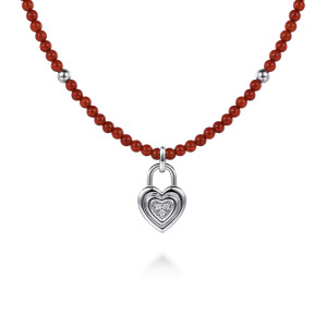 Gabriel & Co. NK8179RESVJMC sterling silver Color necklace, front view of the heart padlock charm with stepped outlines and a stone cluster