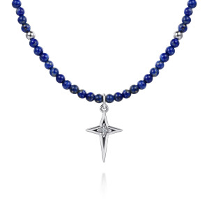 Gabriel & Co. NK8180LPSVJMC sterling silver Color necklace, front view of the pointed cross with its small stones below the blue beads