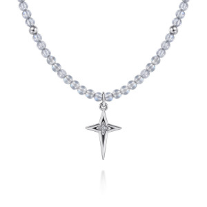 Gabriel & Co. NK8180MSSVJMC sterling silver Color necklace, front view of the pointed cross with a recessed center hanging from pale gray beads