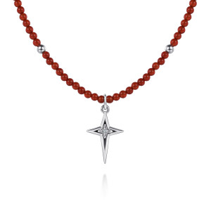 Gabriel & Co. NK8180RESVJMC sterling silver Color necklace, close detail of the pointed cross, its bail ring and the red beads beside metal beads