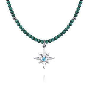 Gabriel & Co. NK8181MASVJMC sterling silver Color necklace, close detail of the pointed star, its blue stone and the banded green beads