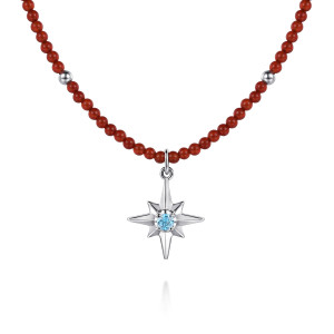Gabriel & Co. NK8181RESVJMC sterling silver Color necklace, front view of the star with its pale blue stone between red beads
