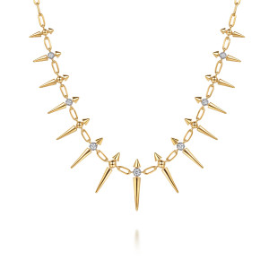 Gabriel & Co. NK8190Y45JJ 14 karat yellow gold Bujukan necklace, front view of the cone shaped spikes alternating metal beads and round diamonds