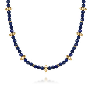 Gabriel & Co. NK8194Y4JLP 14 karat yellow gold Bujukan necklace, close detail of deep blue stone beads, a cone pointed metal bead and beaded spacers