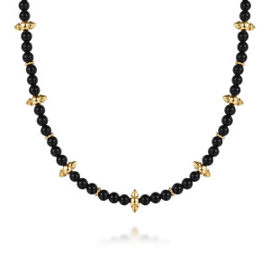 Gabriel & Co. NK8194Y4JOX 14 karat yellow gold Bujukan necklace, front view of the black bead strand and a spiked station with a cone at each end