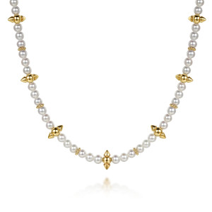 Gabriel & Co. NK8194Y4JPL 14 karat yellow gold Bujukan necklace, front view of round pearls with pointed cone bead stations and ringed beaded spacers