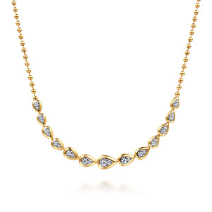 Gabriel & Co. NK8199M45JJ 14 karat white and yellow gold Bujukan necklace, close detail of the graduated teardrop frames, their polished rims and the bead chain beside them