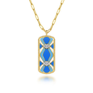Gabriel & Co. NK8202EMM45JJ 14 karat white and yellow gold Bujukan necklace, front view of the tag with blue enamel bands, two diamond clusters and a beaded rim