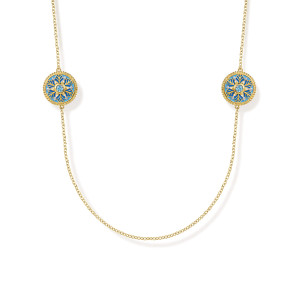 Gabriel & Co. NK8205EMY45BT 14 karat yellow gold Bujukan necklace, close detail of two beaded rim discs with blue enamel petals and a blue stone at the center