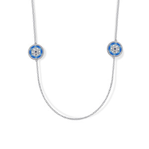 Gabriel & Co. NK8223EMSVJMC sterling silver Bujukan necklace, close detail of two blue enamel discs with stone centers and beaded rims