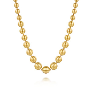 Gabriel & Co. NK8239-18Y4JJJ 14 karat yellow gold Bujukan necklace, front view of large brushed beads with fine surface lines, joined by tiny links