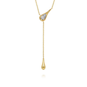 Gabriel & Co. NK8255M45JJ 14 karat white and yellow gold Contemporary necklace, front view of the swept cup with its tiny diamonds and the polished drop below
