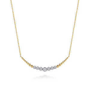 Gabriel & Co. NK8282M45JJ 14 karat white and yellow gold Bujukan necklace, front view of graduated round stones flanked by beads on both sides