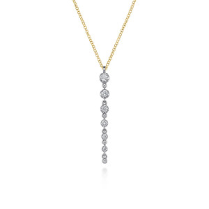 Gabriel & Co. NK8284M45JJ 14 karat white and yellow gold Lusso necklace, front view of the graduated bezel set diamonds linked in a vertical line beneath a plain loop