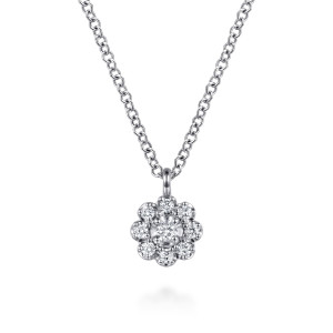 Gabriel & Co. NK8288W45JJ 14 karat white gold Lusso necklace, front view of the flower cluster, its larger middle stone, prong set ring and loop bail
