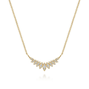 Gabriel & Co. NK8289Y45JJ 14 karat yellow gold Lusso necklace, front view of the crescent of leaf shaped pave clusters on a fine chain