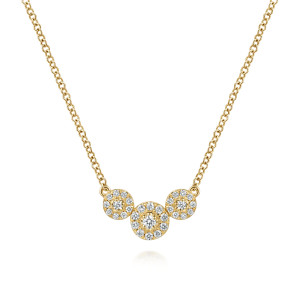 Gabriel & Co. NK8291Y45JJ 14 karat yellow gold Lusso necklace, front view of the three touching halos with a larger one in the middle
