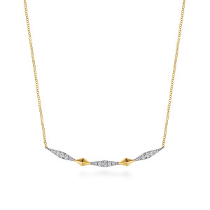 Gabriel & Co. NK8296M45JJ 14 karat white and yellow gold Kaslique necklace, front view of tapered pave segments alternating with pointed polished kite shapes