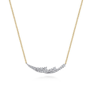 Gabriel & Co. NK8298M45JJ 14 karat white and yellow gold Kaslique necklace, front view of the overlapping tapered blades with pave rows and scattered prong set stones