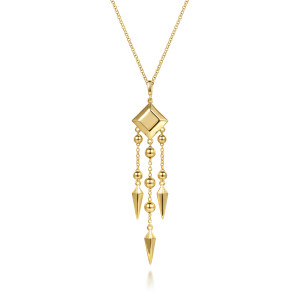 Gabriel & Co. NK8303PY4JJJ 14 karat yellow gold Kaslique necklace, front view of the pyramid plate, bead chains and three pointed spikes