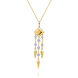 Gabriel & Co. NK8303Y45JJ 14 karat yellow gold Kaslique necklace, front view of the beveled plate and the strands ending in pointed spikes