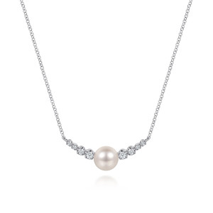 Gabriel & Co. NK8305W45PL 14 karat white gold Lusso necklace, front view of the round pearl flanked by graduated prong set diamonds on a fine chain