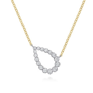 Gabriel & Co. NK8307M45JJ 14 karat white and yellow gold Lusso necklace, front view of the sideways teardrop outline, with its graduated round diamonds in rims