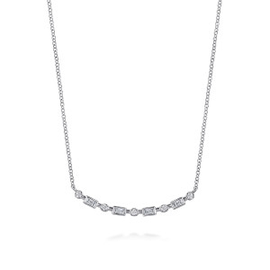 Gabriel & Co. NK8308W44JJ 14 karat white gold Lusso necklace, front view of the curved bar with bezel framed baguette stones between round ones