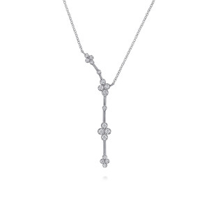 Gabriel & Co. NK8310W45JJ 14 karat white gold Lusso necklace, front view of four lobed diamond clusters spaced along a straight rod