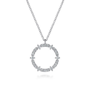 Gabriel & Co. NK8314W45JJ 14 karat white gold Lusso necklace, front view of an open circle with prong set stones between short runs of smaller stones