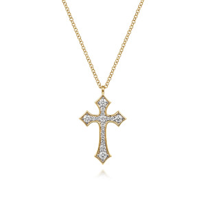 Gabriel & Co. NK8318Y45JJ 14 karat yellow gold Kaslique necklace, front view of the flared cross with a round stone in each pointed arm end