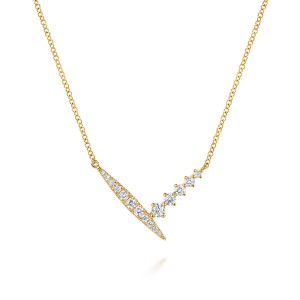 Gabriel & Co. NK8320Y45JJ 14 karat yellow gold Kaslique necklace, front view of the pave blade beside the rising line of prong set stones