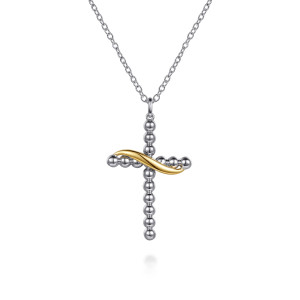 Gabriel & Co. NK8324MZJJJ sterling silver and 14 karat yellow gold Bujukan necklace, front view of the bead built cross with the curved ribbon at its crossing