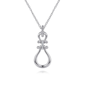 Gabriel & Co. NK8334SVJWS sterling silver Bujukan necklace, front view of the linked horseshoes, the stone set bar and the beaded bail