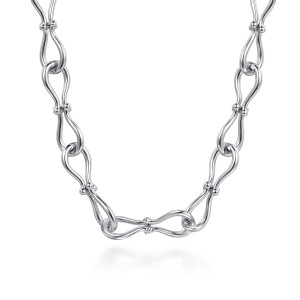 Gabriel & Co. NK8335SVJJJ sterling silver Bujukan necklace, front view of pinched wire loop links with bead tipped collars at each waist