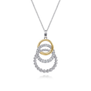 Gabriel & Co. NK8337MZJWS sterling silver and 14 karat yellow gold Bujukan necklace, front view of the three overlapping rings, the stone row and the bead ring below the oval bail