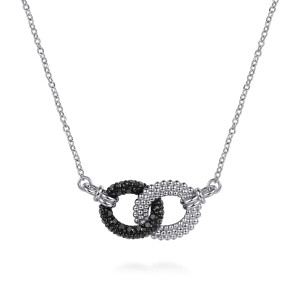 Gabriel & Co. NK8338SVJBS sterling silver Bujukan necklace, front view of the interlocking oval links, one set with black stones and one beaded
