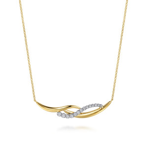 Gabriel & Co. NK8346M45JJ 14 karat white and yellow gold Contemporary necklace, front view of the overlapping polished curves and the graduated stone loop