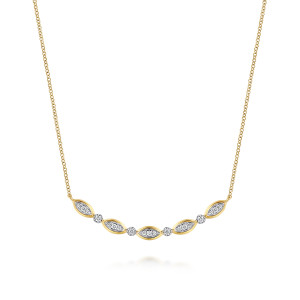 Gabriel & Co. NK8349Y45JJ 14 karat yellow gold Contemporary necklace, front view of the pointed oval pave frames joined by round pave discs along the bar