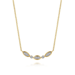 Gabriel & Co. NK8350Y45JJ 14 karat yellow gold Contemporary necklace, front view of three pointed oval pave frames joined by round stones